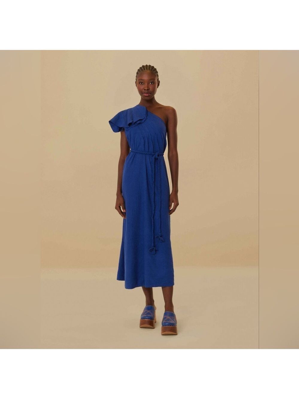 Navy Blue One Shoulder Leaf Maxi Dress